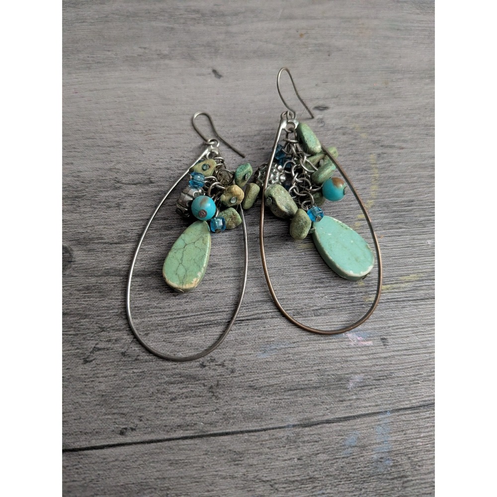 Boho Turquoise Stone Cluster Silver Tone Hoop Dangle Earrings Southwestern Style